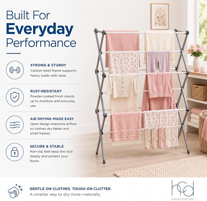 Honey-Can-Do Oversized Clothes Drying Rack, 35" Wide, 50 lb, Grey | Extra-wide 35" family-size rack holds 50lb of laundry. Rust-resistant steel folds flat; indoor or outdoor use. No Assembly