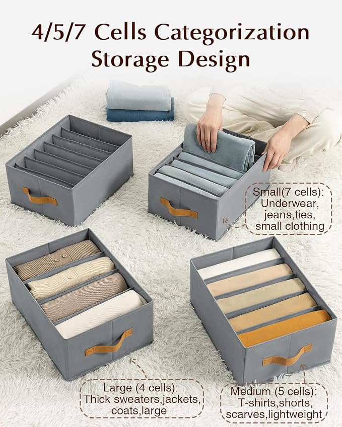 Homsorout Clothes Organizers and Storage - 4/5/7 Grids Fabric Jeans Organizer with Handles, Foldable Closet Organizers Dividers, Wardrobe organizer for Pant, Sweater, T-shirt, Scarf, 3 Pack, Pale Grey