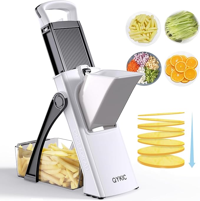 QYKIC Upgrade Safe Mandoline Slicer Plus,Adjustable Vegetable Chopper Potato French Fry Cutter, Kitchen Chopping Artifact for Meal Prep (BlackWhite)