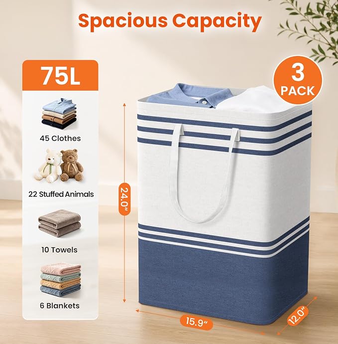 TranquilRelax 3-Pack Laundry Basket, Laundry Hamper, Blue-75L | Freestanding＆Water-Resistant Laundry Hamper, Collapsible Tall Clothes Hamper with Carry Handles for Clothes, Laundry Basket