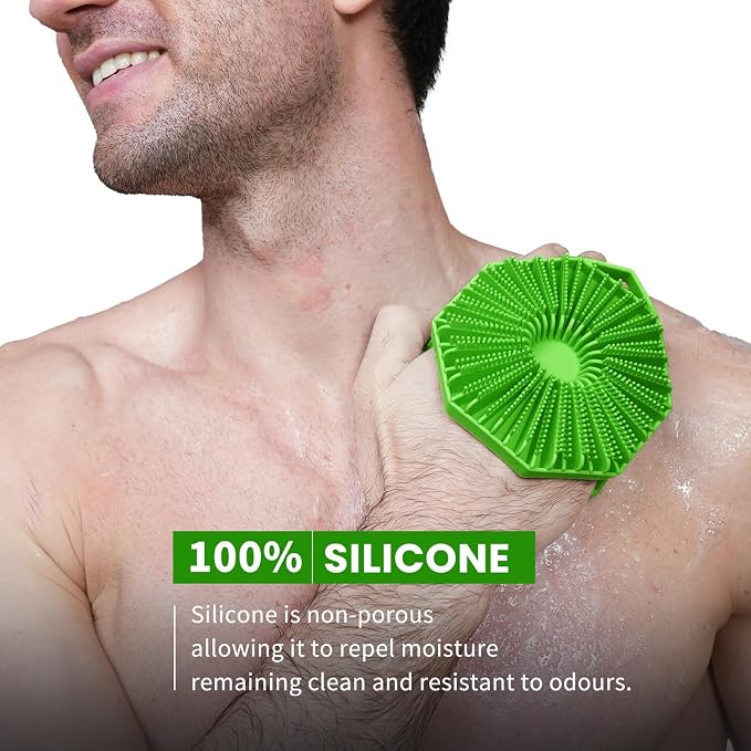 iTokGoK® Premium Silver-Infused Double-Sided Design 2-in-1 Silicone Body Scrubber for Men,Body Buffer Scrubber for Sensitive Skin, Ergonomic No-Slip Handle, Long-Lasting & Easy to Clean - Green