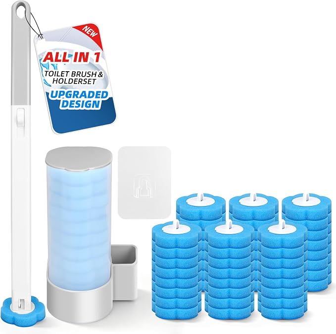 Disposable Toilet Brush with 48 Refills, Toilet Brushes and Holders, Wall Mounted Toilet Bowl Cleaner Wand for Bathroom Maintenance