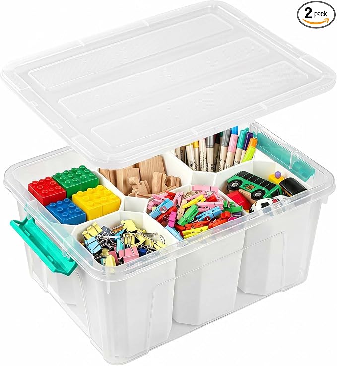 EOENVIVS Clear Storage Tote with 6 Tall Inserts, Large Plastic Organizer Box with Lid and Handles, 15.94x11.61x7.28 Inches, Multi-Functional Container for Cosmetics, Toys, School Supplies