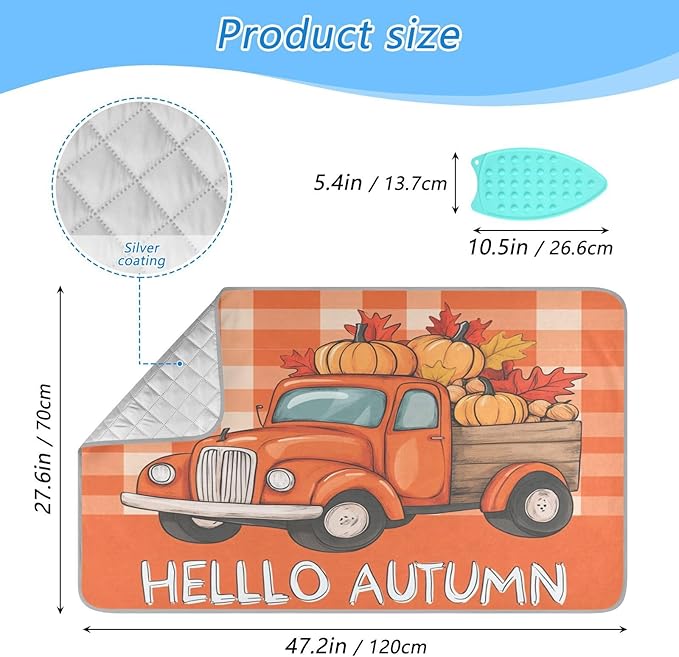 Autumn Truck Pumpkin Leaves Ironing Mat Portable Ironing Pad Blanket with Silicone Iron Rest for Table Top Travel Heat Resistant Double-Side Using Large 47x28 Inch Foldable