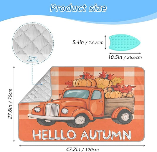 Autumn Truck Pumpkin Leaves Ironing Mat Portable Ironing Pad Blanket with Silicone Iron Rest for Table Top Travel Heat Resistant Double-Side Using Large 47x28 Inch Foldable