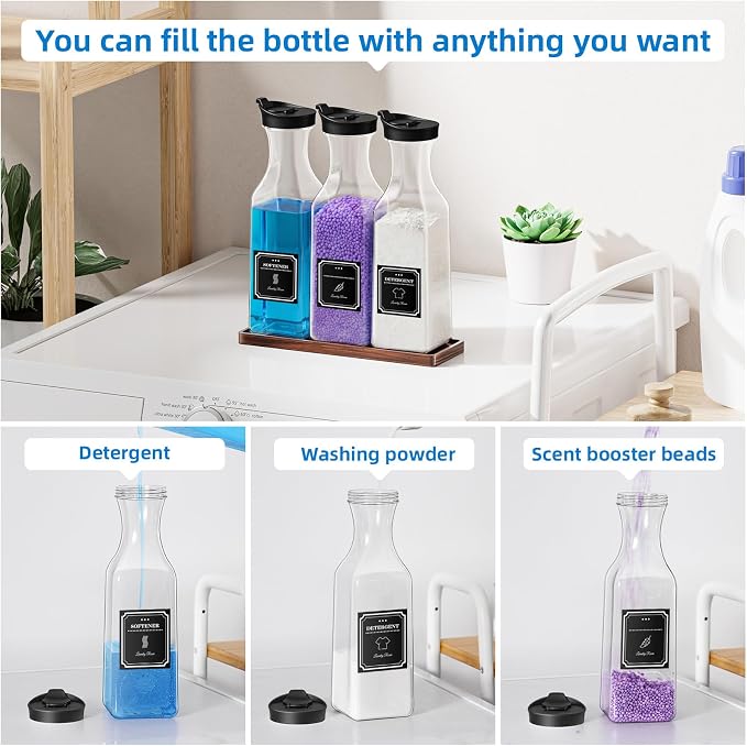 Laundry Detergent Dispenser,54OZ Laundry Soap Dispenser,Liquid Laundry Detergent Container,Fabric Softener Dispenser with Brown Wood Tray,Laundry Room Organizer with 4 Labels