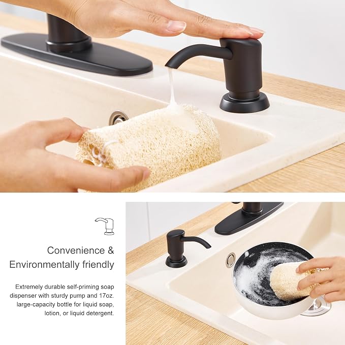 Built in Sink Soap Dispenser or Lotion Dispenser for Kitchen Sink, Matte Black ABS Pump Head, with 17 Ounce PET Large Soap Bottle