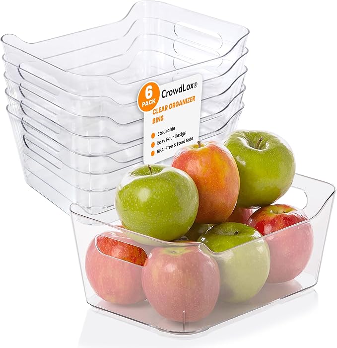 6 Pack Clear Plastic Storage Bins with Lids & Labels, Stackable Organizer Containers with Built-In Handles, BPA-Free Pantry Organization Bins for Kitchen