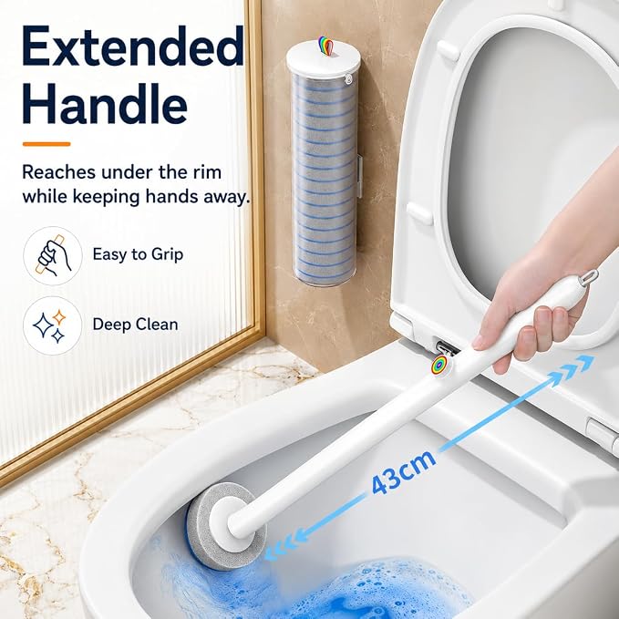 Disposable Toilet Brush with 48 Refills and Replaceable Scrubber Heads, Toilet Bowl Cleaner Wand and Wall-Mounted Holder, Space Saving Bathroom Cleaning System for Home, Apartment and RV