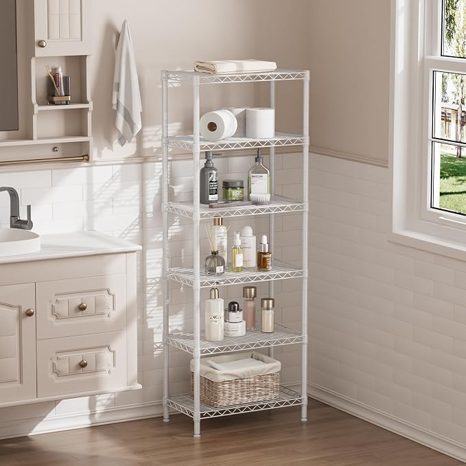 SINGAYE 6 Metal Shelves Wire Shelving Storage Shelf Adjustable Unit Pantry | 6 Tier Kitchen Laundry Room Organization Home Pantry Closet Bathroom Organizers Garage Rack 12" D x 22" W x 69.5" H White