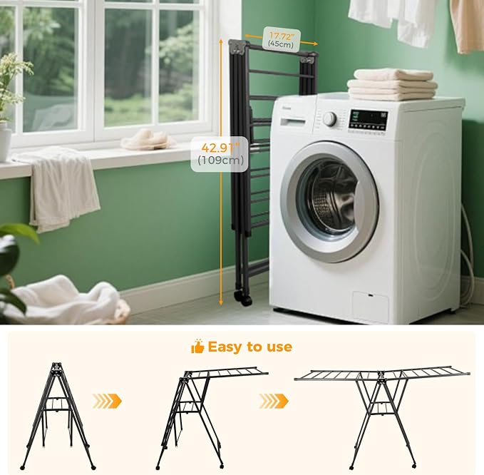Clothes Rack, 2-Tier Drying Hanger, for 20 Pieces+, Foldable and Space Saving, Portable, Indoor or Outdoor Use, Solid Metal Clotheshorse, Nice for Mum, Gray (1.6 m Wing Length)