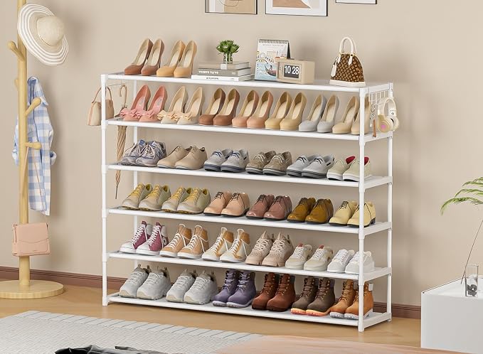 LUKYTOWER Extra Long Shoe Rack 6 Tier 39Pairs with 2 Hooks | Sturdy Wide Stackable Shoe Organizer for Closet, Entryway, Front Door Entrance, Durable Shoe Shelf Stand, Black Shoe Storage