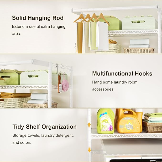 U11 Mini Over Washer and Dryer Shelves, 3 Tiers Laundry Room Storage and Organizer Standing Shelf, Metal Freestanding Clothes Drying Rack, 28.3”W x 19.7”D x 77.6”H, White