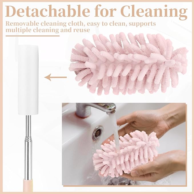 2 PCS Car Interior Duster with Extension Pole, Dusters for Cleaning | Microfiber Car Dusters with Bendable Head, Duster Interior & Exterior Scratch Free for Vehicle, Offices, Window (Pink)