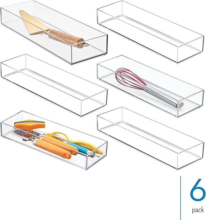 iDesign Plastic Makeup Drawer Organizer Tray, Set of 6, Clear | Vanity Organizer, Desk Drawer Organizer