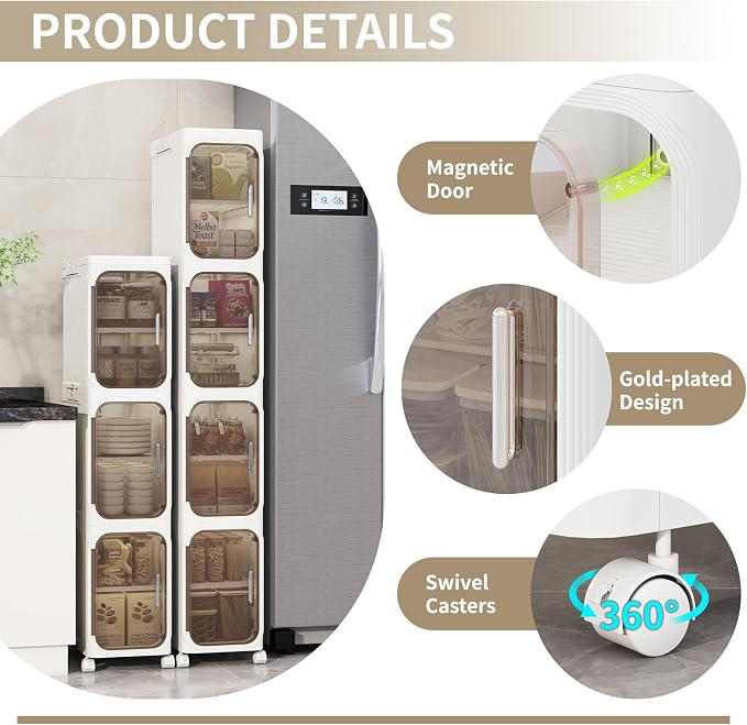 2 Tier Slim Bathroom Storage Cabinet, Foldable and Movable, White | Tools Free, ABS and PET, Magnetic Clear Door, Adjustable Shelves, Lockable Wheels, Water Resistant, For Narrow Space
