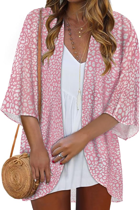 Women Kimono Cardigans Summer Cover Up Hawaiian Shirts Floral Print Tops | ROSEMIA chiffon kimono open front cardigans, beach cover ups, daily casual tops, cruise outfits, summer resort wear