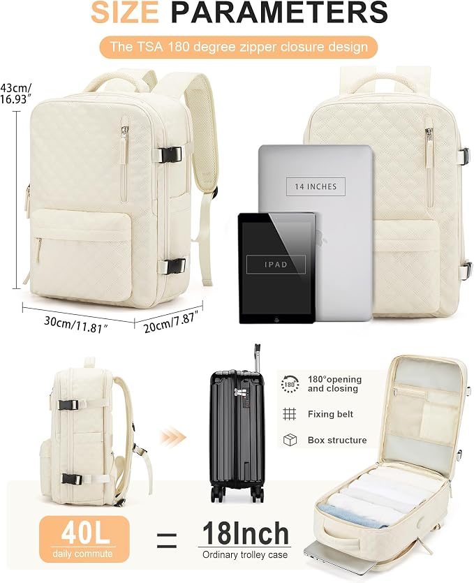 WONHOX Travel Carry On Backpack for Women, Waterproof Laptop Backpack for Traveling on Airplane Hiking Gym Backpack with USB Charging Port Shoe Compartment, Beige