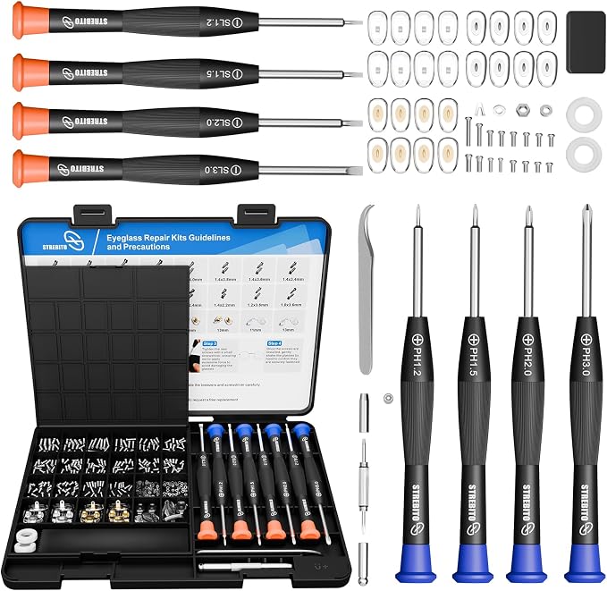 STREBITO Glasses Repair Kit, All-in-One Eyeglass Repair Kit | 16 Sizes of Screws, 12 Pairs of Nose Pads & Tweezer, Precision Screwdriver Set for Glasses, Sunglasses & Small Electronics