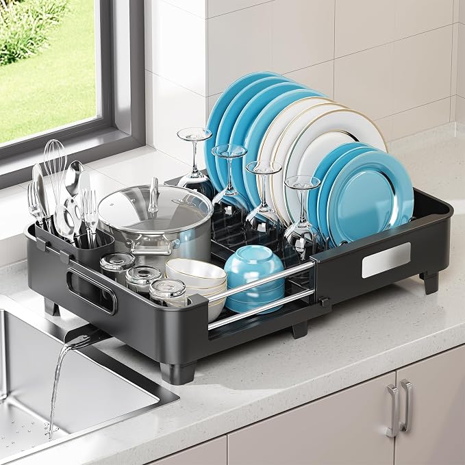 TOOLF Expandable Dish Drying Rack for Kitchen Counter,Black | Extendable 12.8in to 20.35in,Stainless Steel & PP,One-Minute Quick Assembly,Cutlery Holder,Portable Carry Handle,Space-Saving