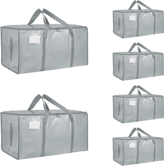 6 Pack-Extra Large Heavy Duty Moving Bags - Waterproof Storage Totes with Handles & Zippers, Foldable for College Dorm, Storage (light gray)
