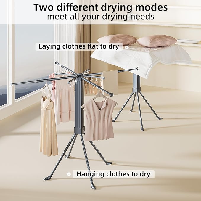 BIREN Clothes Drying Rack Foldable Extending Laundry Rack with 16 Clips Collapsible Clothing Rack Space-Saving Clothing Racks for Hanging Clothes, Indoor, Camping, Balcony, Outdoor