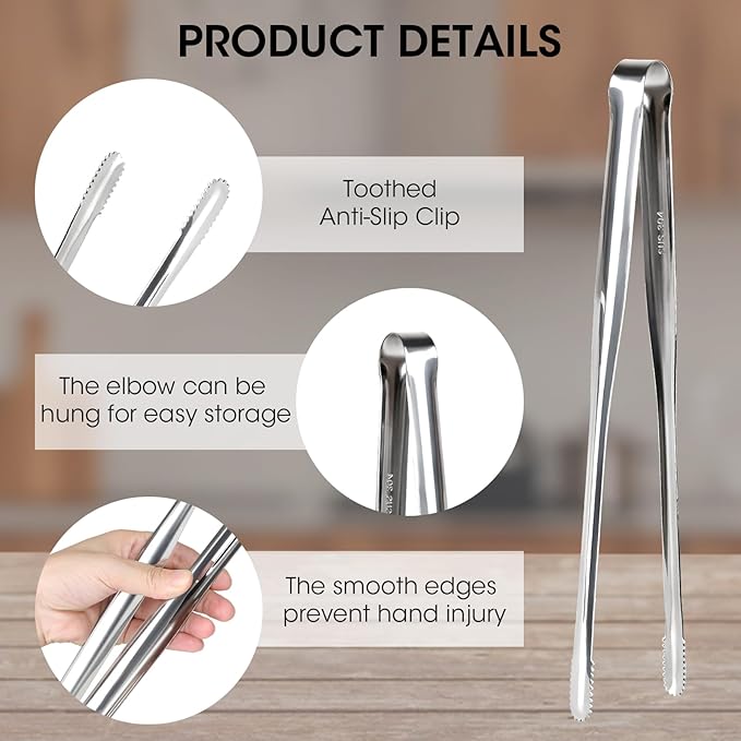 Precision Serrated Non-Slip Tips Cooking Tongs, 2 Pack Stainless Steel Cooking Tongs - Korean BBQ Tongs Long-Handled Anti-Slip Food Clips for Grilling, Frying & Serving