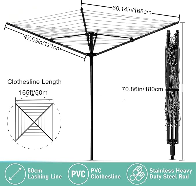 Nisorpa Outdoor Umbrella Drying Rack,12 Lines with 165 Feet Umbrella Clothesline Outdoor Dryer Clothes Line, 4 Arm Steel Frame Adjustable Height Retracting Collapsible Clothes Drying Rack for Backyard