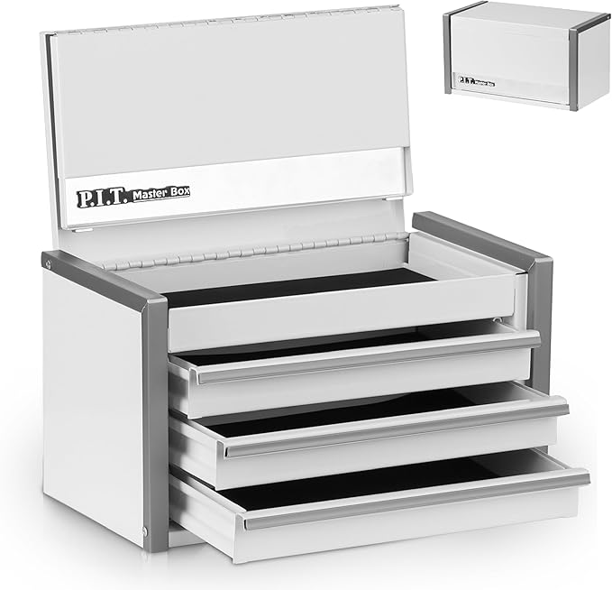 P.I.T. Mini White Tool Box, Portable 3 Drawer Steel Stackable Tool Box with Magnetic Tab Locking, White Micro Top Chest with Liner for Tools Storage and Organizers, Home DIY