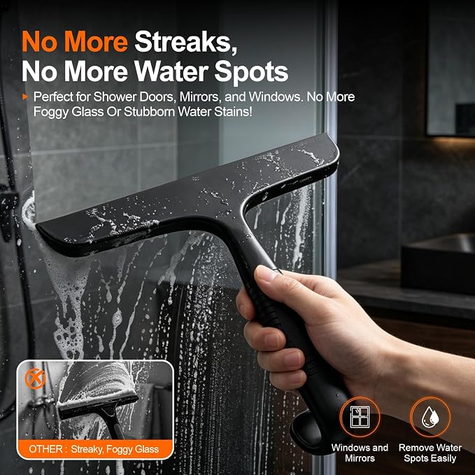 Window Squeegee for Shower Doors, Bathroom, Mirror, Black