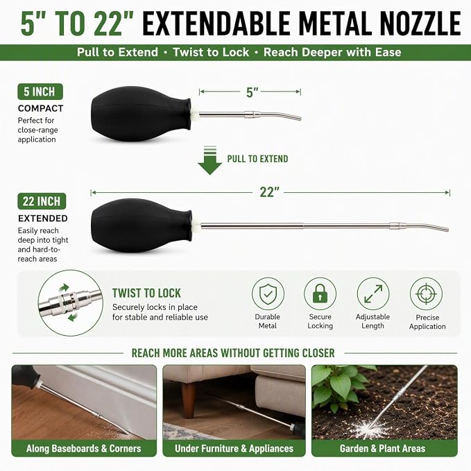 Diatomaceous Earth Powder Duster, 8 oz Bulb Applicator with 5–22 in Extendable Metal Nozzle, Threaded Leak-Resistant Seal, Powder Dispenser with Funnel and Scoop for Indoor, Outdoor and Garden Use