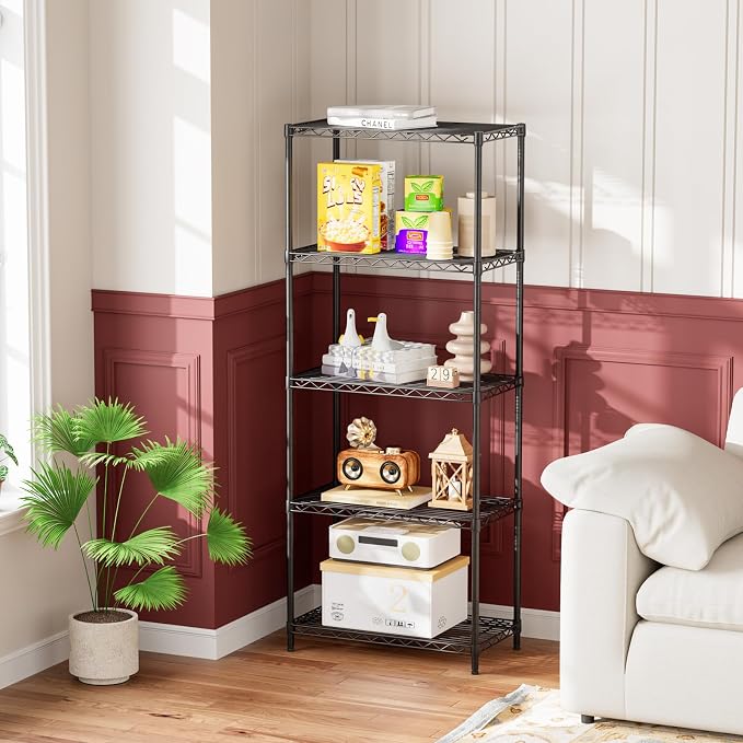 Golpart 5Tier Adjustable Storage Shelves Metal Wire Shelving Standing Shelf | Utility Heavy Duty Unit Rack Closet Organize for Home Kitchen Laundry Room Organization Pantry 12"Dx22"Wx59"H Black