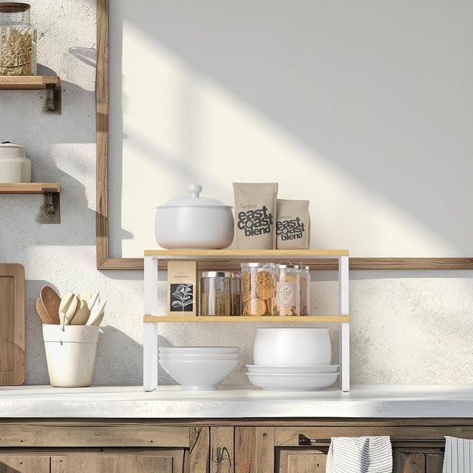 NEX Kitchen Cabinet and Counter Shelf Organizer, Stackable & Expandable, Set of 4, White and Natural - 7.7 x 15.6 x 6.2'' | Stackable Expandable Spice Rack, Pantry Organizers Space-Saving, Bathroom Countertop Storage, White and Natural
