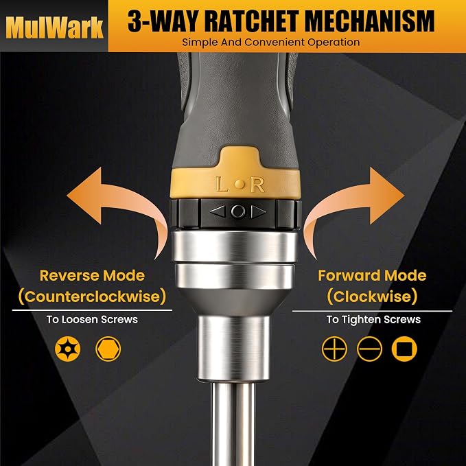Mulwark 16-in-1 Ratcheting Multi-Bit Screwdriver Set, S2 Steel Screwdriver with 1/4" & 5/16" Nut Drivers, Nickel Coated Anti-Rust screw driver, Max Torque Soft Handle for Home Repair & DIY