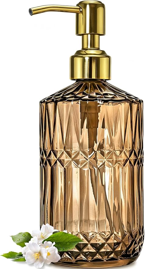 JASAI 18Oz Amber Glass Soap Dispenser with Gold RustProof Pump for Bathroom | Refillable Dish soap Dispenser for Kitchen Sink, Soap Dispenser Bathroom for Hand soap, Lotion, Dish Soap.