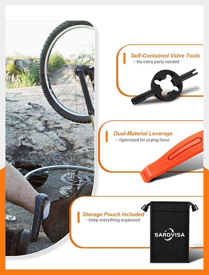 Bike Tire Levers, Bike Tire Tools for Road Mountain Bicycle Tire | Ultra Strong Tire Levers & Stainless Steel Tire Spoons, Great Value Bike Tire Repair Kit with Drawstring Bag & Core Wrench