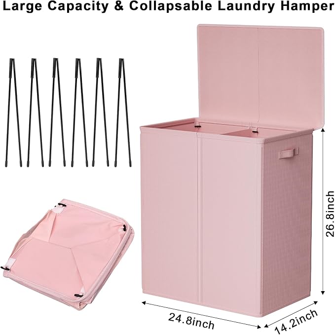 WOWLIVE 154L Double Laundry Hamper 2 Section with Lid and Removable Bags | Divided Laundry Basket, Large Dirty Clothes Hamper with Handle, Collapsible Laundry Storage for Dorm Room, College, Pink