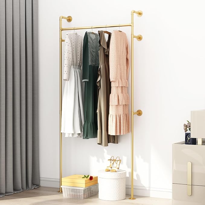ORSENIGO Industrial Pipe Clothing Rack, Heavy Duty Clothes Rack for Hanging Clothes, Wall Mounted Display Garment Rack for Home Retail Boutique (Single, Gold)