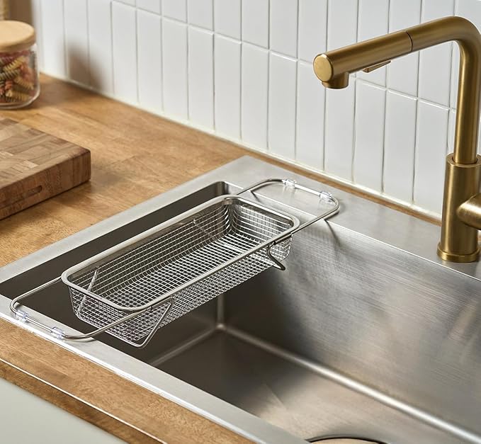 WAGENSTEIGER Extendable Dish Rack with Feet, Vegetable Colander Basket, Stainless Steel Dish or Silverware Drying Rack, Ultimate Kitchen Organizer Over the Sink (12.40 x 5.12 x 2.36 Inches)