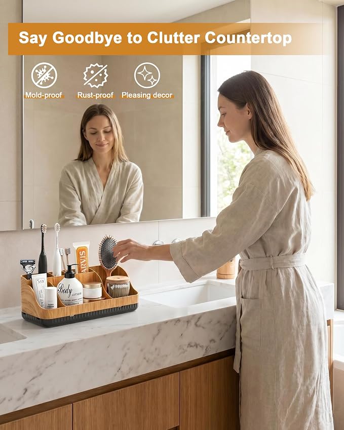 Bathroom Counter Organizer and Storage with 2 Pack Qtip Holder Dispenser, 7 Slots Detachable Toothbrush Holders for Bathrooms, Anti-Slip Electric Toothbrush and Toothpaste Holder Countertop