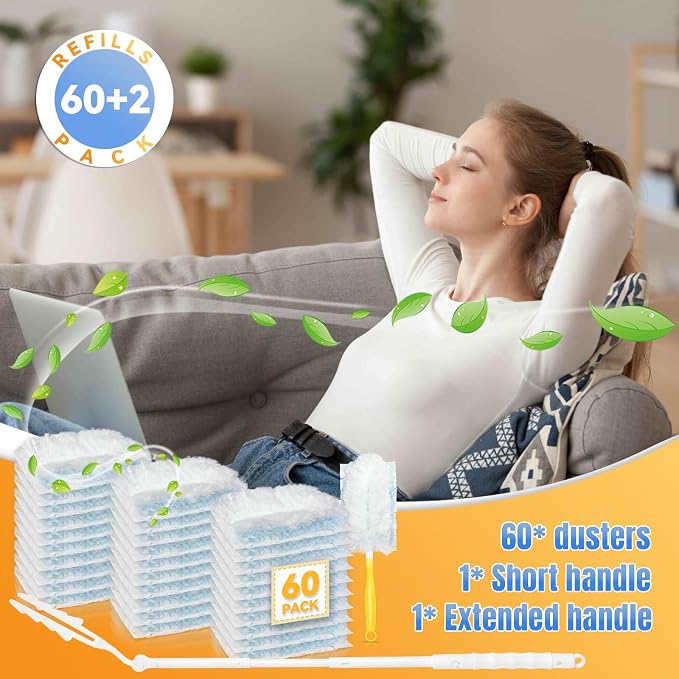 60 Pack Dusters Refills Compatible with Swiffer Duster Handle Models, 180° | One Sided Duster Refills for Short and Extendable Handles, Desktop Dust Cleaning Tool, 1 Extendable Handle + 1 Short Handle