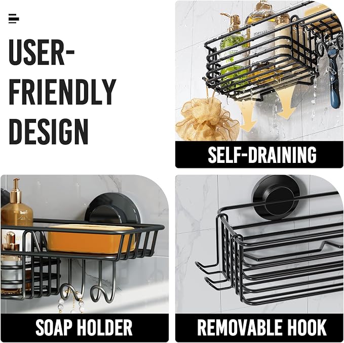 LEVERLOC Suction Cup Shower Caddy, Black Bathroom Shelf Shower Organizer With Hook And Soap Holder, No Drill Bathroom Caddy