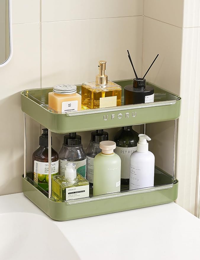 UFORU Countertop Coffee Station Organizer,Cup Rack,Mug & Wine Glass Holder | 2-Tier Green Mug Shelf with Removable Drain Tray,Bathroom Countertop Organizer,Spice Rack for Kitchen