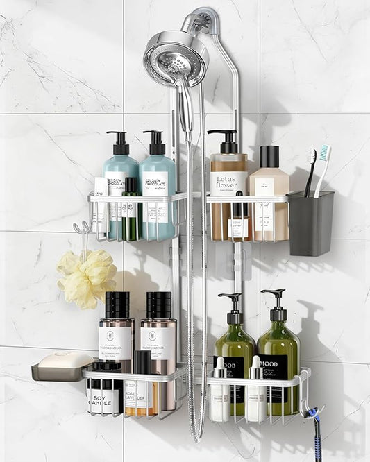 Adjustable Shower Caddy Hanging for Handheld Showerheads - Never Rust Shower Hanging Organizer, Upgraded Bathroom Shower Rack with Soap Basket, Hooks and Toothbrush Holder (Silver)