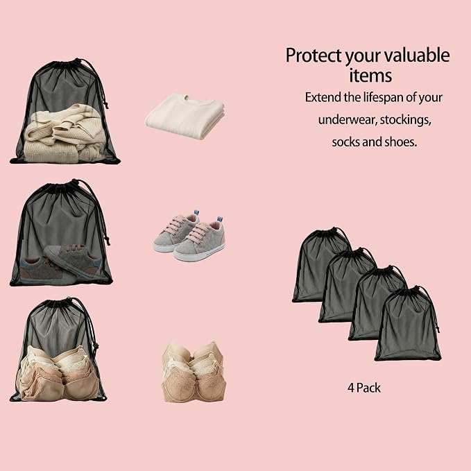 4 Pack Mesh Travel Laundry Bag 12" x 16"Extra Large Dirty Clothes Organizer | Machine Washable Dirty Clothes Organizer with Drawstring and ID Tag, Large Enough to Laundry Essentials forTravel