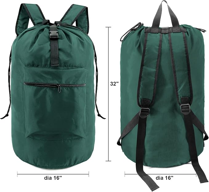 BeeGreen Laundry-Bag-Backpack-Heavy-Duty, Green Nylon Drawstring Portable Laundry Backpack Tall Foldable Extra Large Dirty Clothes Travel Bag with Handle College Dorm Apartment Essentials