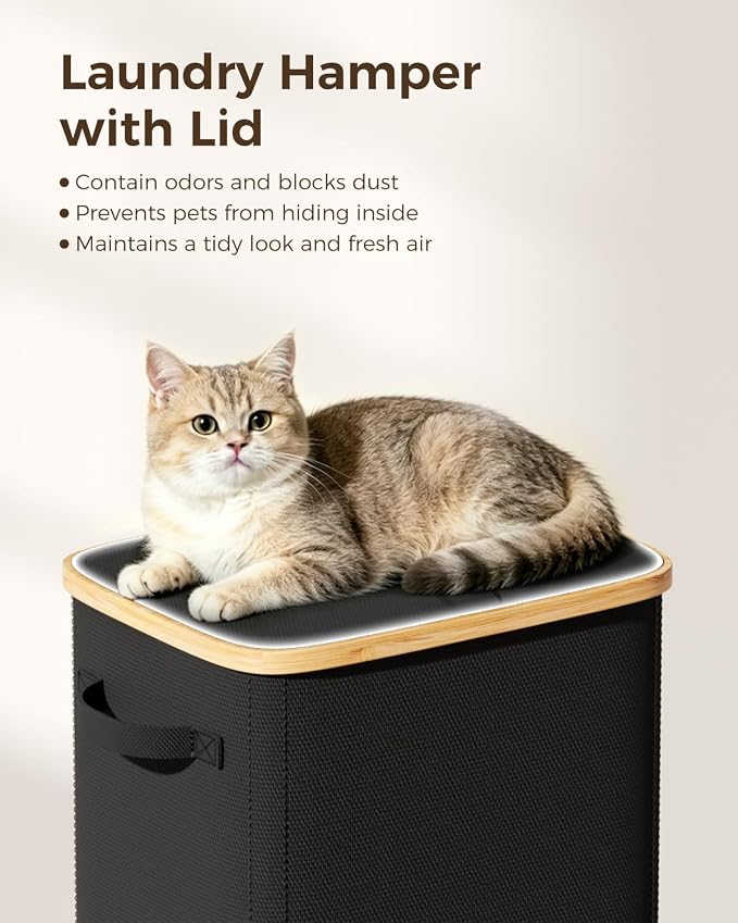100L Laundry Hamper with Lid, Large Clothes Hamper, Black | Elegant bamboo appearance, Foot Loop, Removable Bag Easy to Lift and Carry, Bathroom, Bedroom, Laundry Room, Dorm