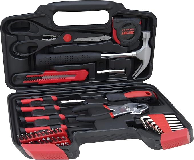 39-Piece Household Tools Kit - Comprehensive and Essential Repair Set Tools for Dorm, Home Use, DIY (39p-red)