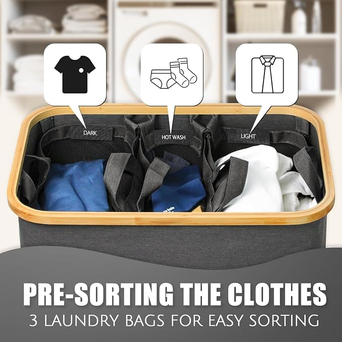 Hampers for Laundry Basket with Lid, 145L Large Laundry Hamper 3 Section | Dirty Clothes Hamper Separator with 3 Removable Bags & 5 Labels, Divided Laundry Organizer for Bedroom, Laundry Room, Gray