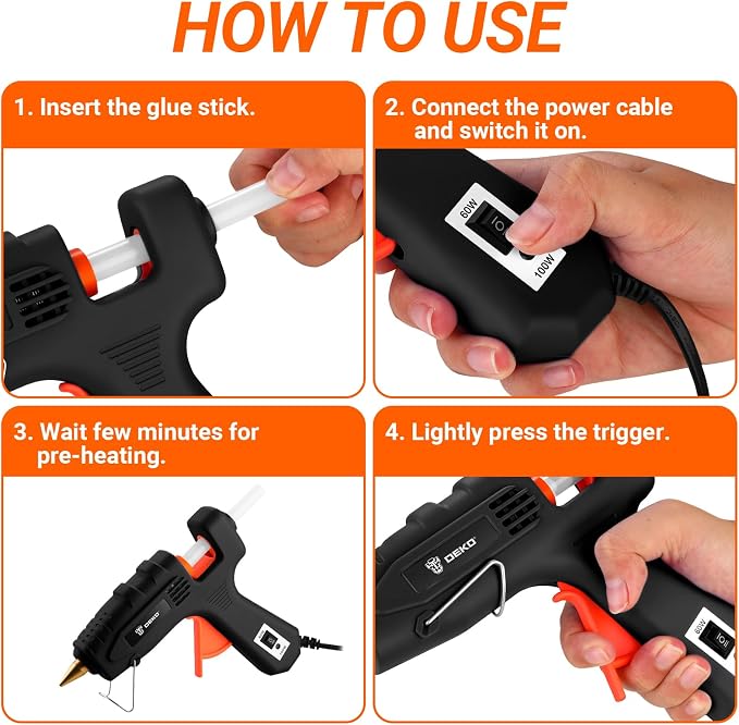 Hot Glue Gun Full Size: DEKOPRO 60/100Watt Dual Temp Hot Glue Gun Kit with 25 Glue Sticks, Organize Storage Case, Heavy Duty Heat Glue Gun Tool Set for Home Repair, Art & Crafts, DIY Black Orange